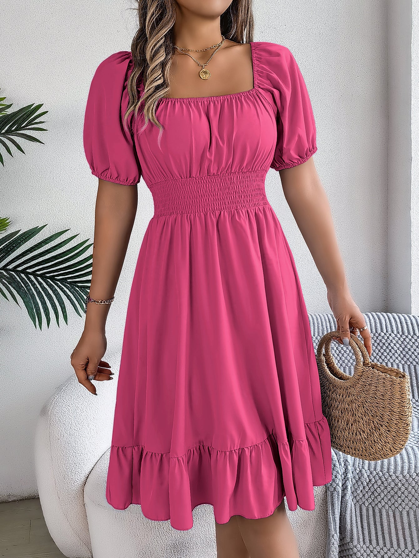 Women's Casual Square Neck Short Sleeve Tie Waist Ruffle A-Line Dress