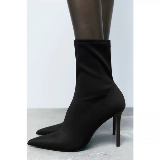 Women's Black High Elastic Pointed Stiletto Heel Ankle Boots