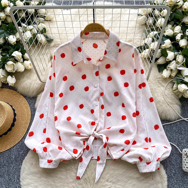 Tie-waist Lantern Sleeve Polka Dot Hot Drill Shirt