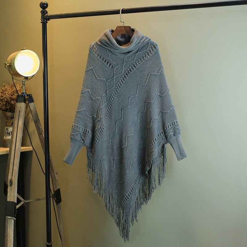 Efterår og vinter Ny strikket sjal med kvaster Højhalset Varm flagermusærmet pullover