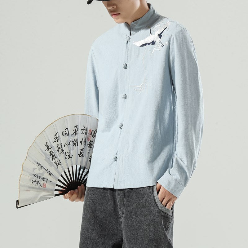 Men's Embroidered Disc Button Loose Casual Chinese Tang Suit Cardigan