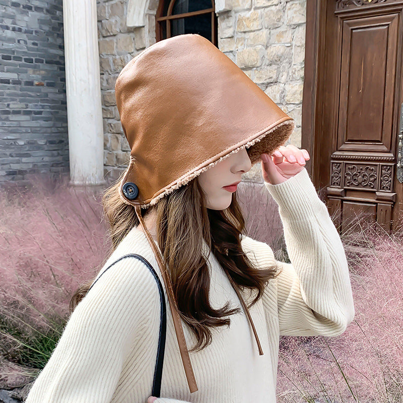 Lace Up Basin Hat With Rear Split PU Leather