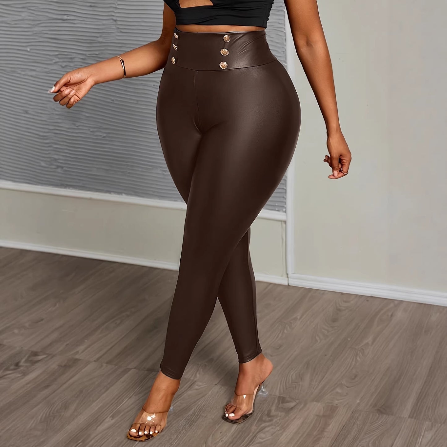 Plus-size Buttoned Tight-fit Figure-flattering Solid-color Stretchy PU Leather