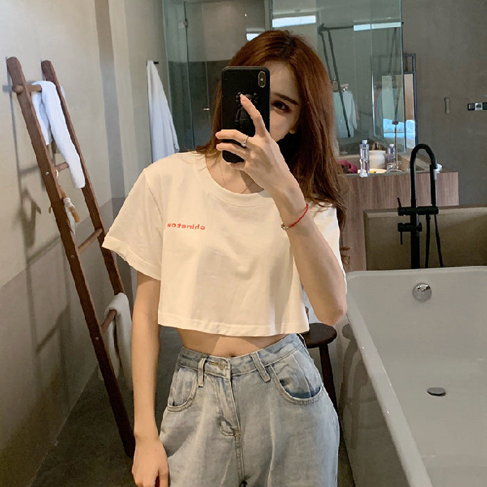 Korean Style Student Lazy Bf Loose Printed Personalized Hong Kong Style Short Midriff Outfit Top