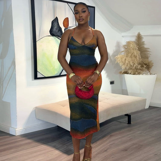 Womens Breathable Printed Backless Maxi Bodycon Shoulder Straps Dress