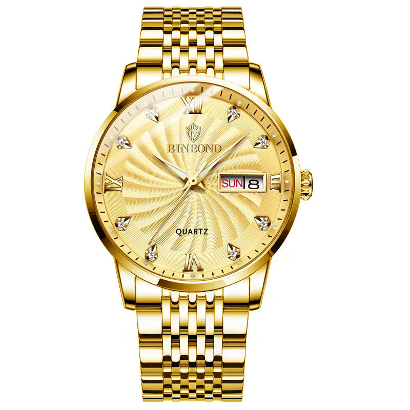 Fashion Quartz Watch Steel Belt Double Calendar Men's Watch Waterproof