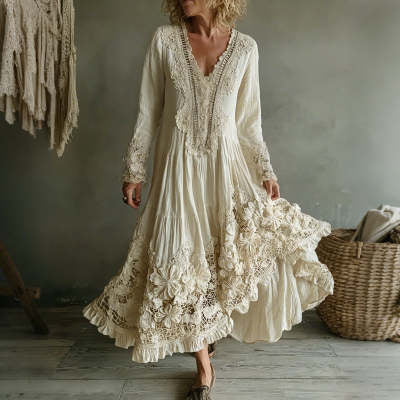 Womens Retro Bohemian Rose-Embroidered Loose Linen Maxi Dress