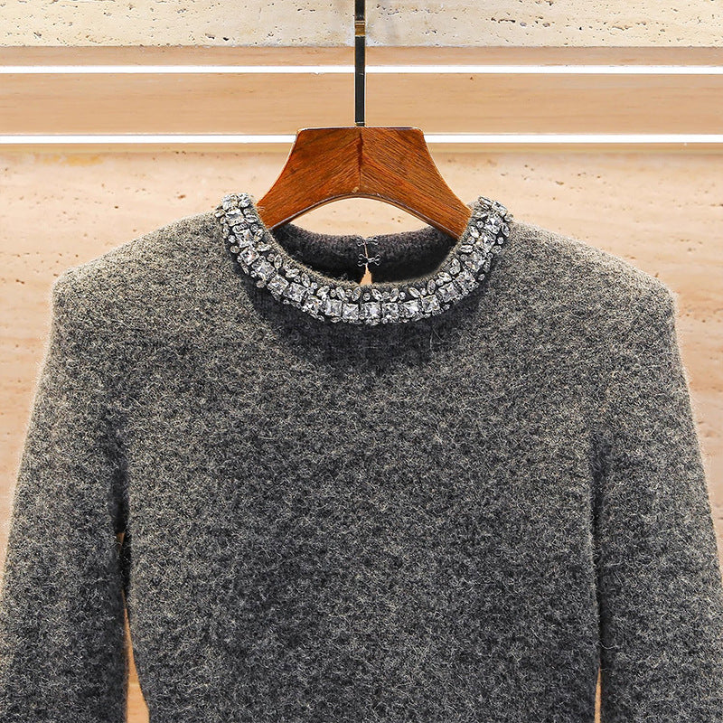 Rhinestone-embellished Crew-neck Cropped Figure-flattering Knit Sweater For Petite Women