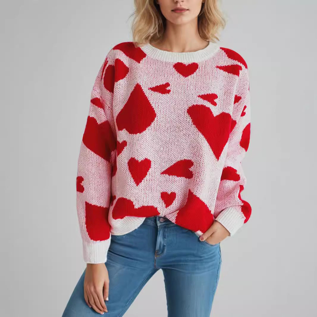 Round Neck Heart-shaped Two-color Jacquard Pullover Sweet
