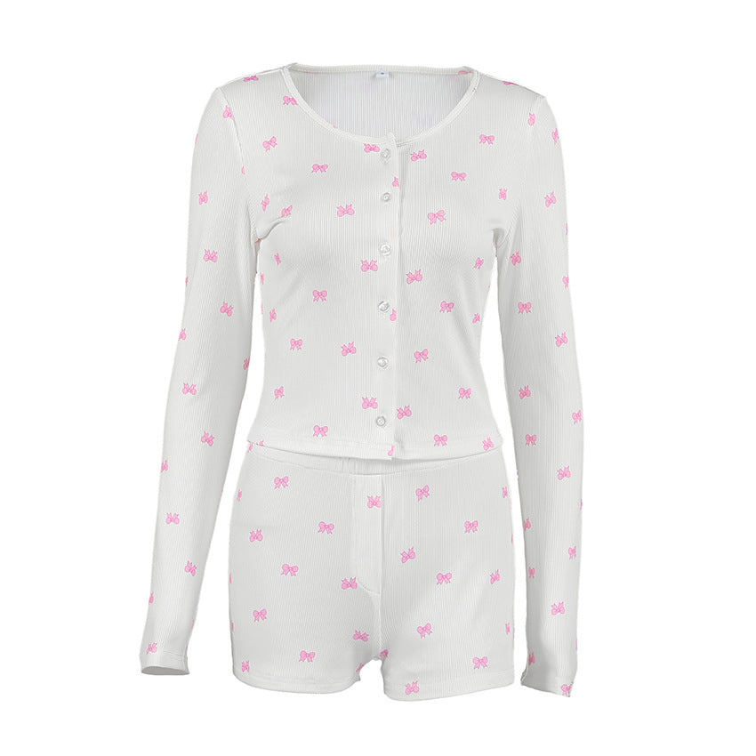 Knitted Printed Long Sleeve Shorts Two Piece Pajama Set For Home Wear