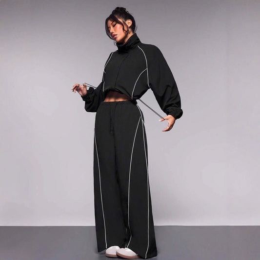 Womens Color-Block Drawstring Sports Jacket And Pants Set
