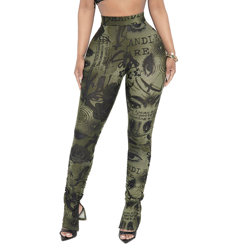 Printed High-waisted Stretch Slim-fit Casual Pants With Slits And Pleated Hems