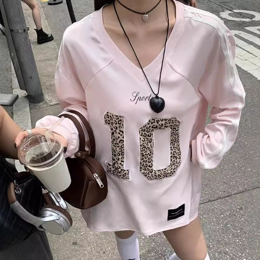 Leopard Print Letter Long-sleeved Sweater Sports Retro Style Loose Hot Girl Top