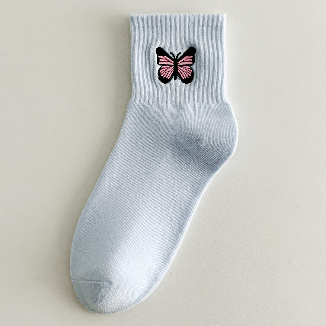 Women's Fashion Solid Color Butterfly Embroidered Mid-calf Socks
