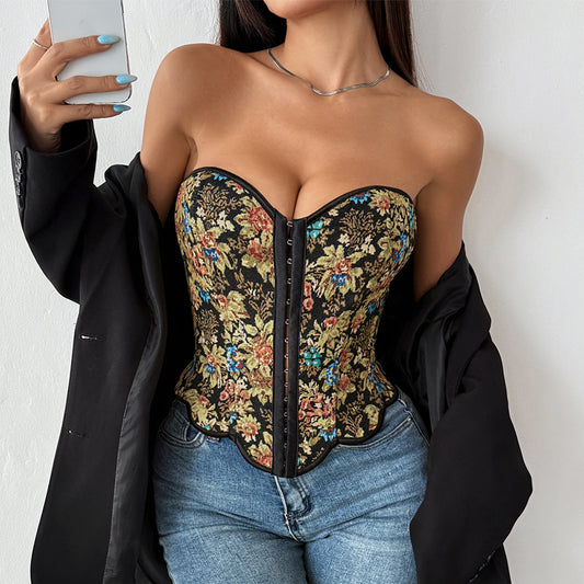 Womens Retro Jacquard Fishbone-Structured Back-Closure Lace-Up Asymmetrical Sexy Tube Top