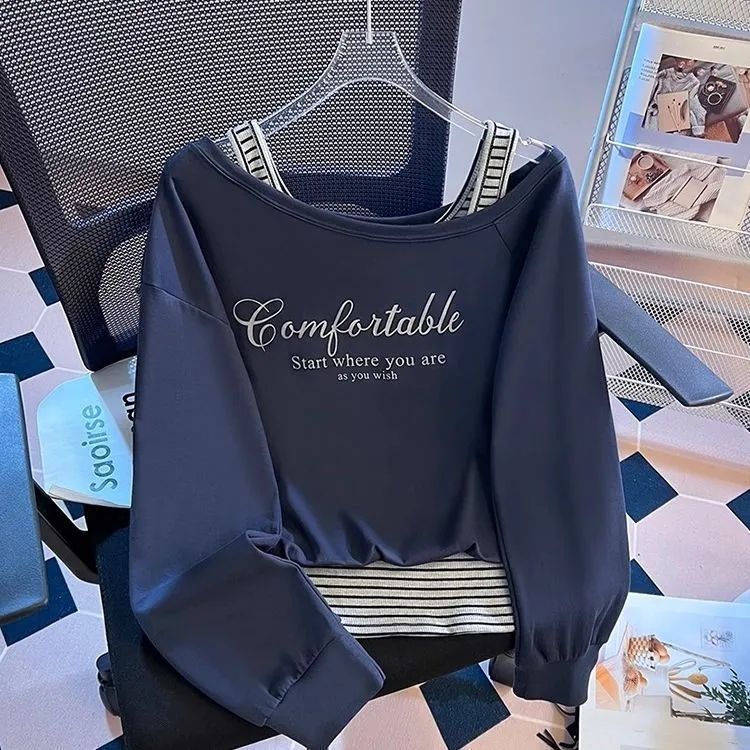 Plus size off-shoulder stribet patchwork falsk todelt sweater til kvinder – efterårsnyhed