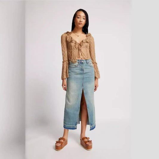 Retro Slim-fit Denim Maxi Nederdel til Kvinder