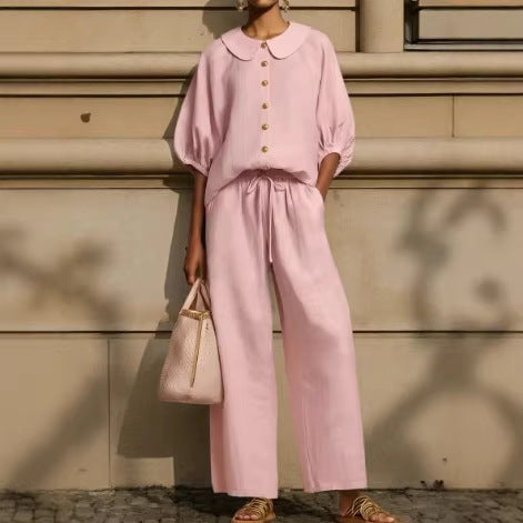 Fashionable Collar Shirt And Wide-Leg Pants Linen Two-Piece Set