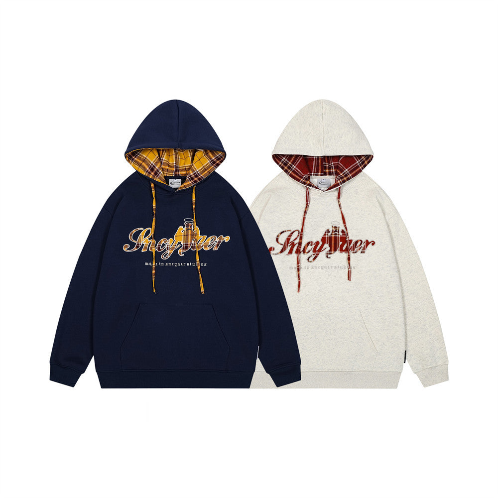 Plaid Applique Letters Hooded Sweater