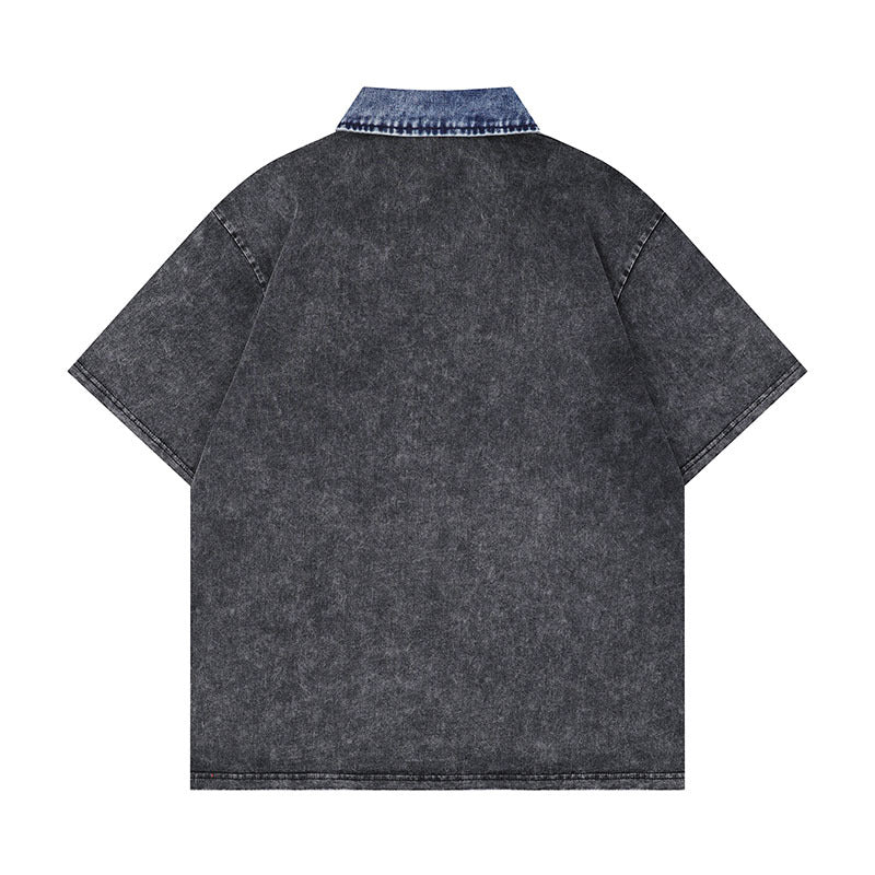Washed Letter Print Contrast Color Denim Lapel Short Sleeve T-shirt