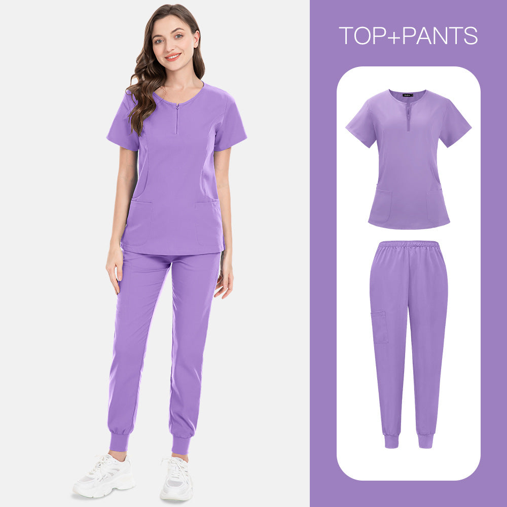 Zip-front Half-zip Collar Scrub Cream Set With Long Pants