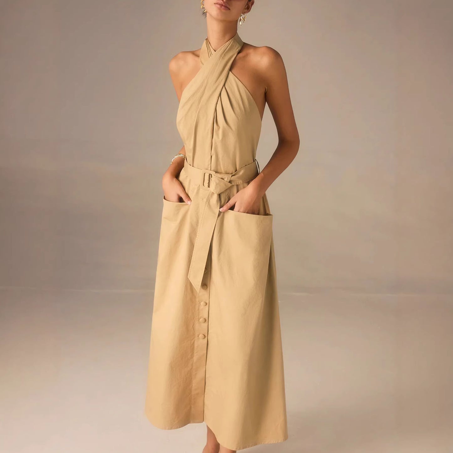 Elegant French-style Lace-up Dress With A Vacation Vibe