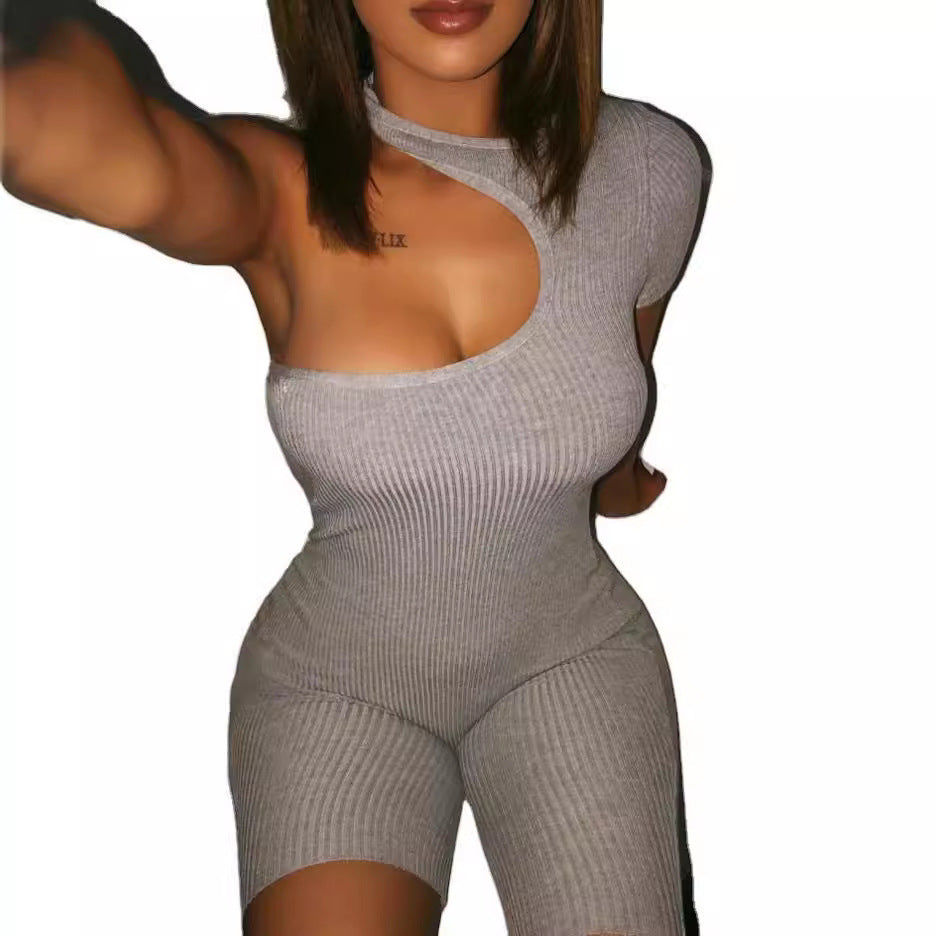 Womens High-stretch One-shoulder Short-sleeve Jumpsuit Shorts