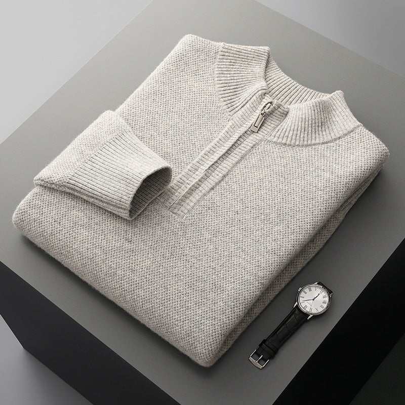 Men's Mid-length Zip-up Honeycomb-knit Thickened Sweater