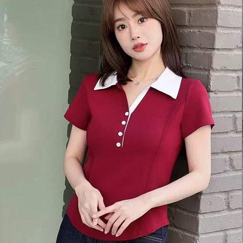 Womens Fashionable Slim-Fit Patchwork Button T-Shirt
