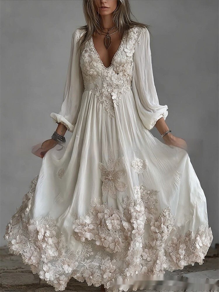 Womens Retro Bohemian Rose-Embroidered Loose Linen Maxi Dress