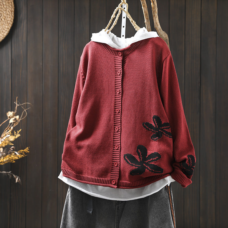 Women's Loose Retro Flower Contrasting Cotton Knit Cardigan