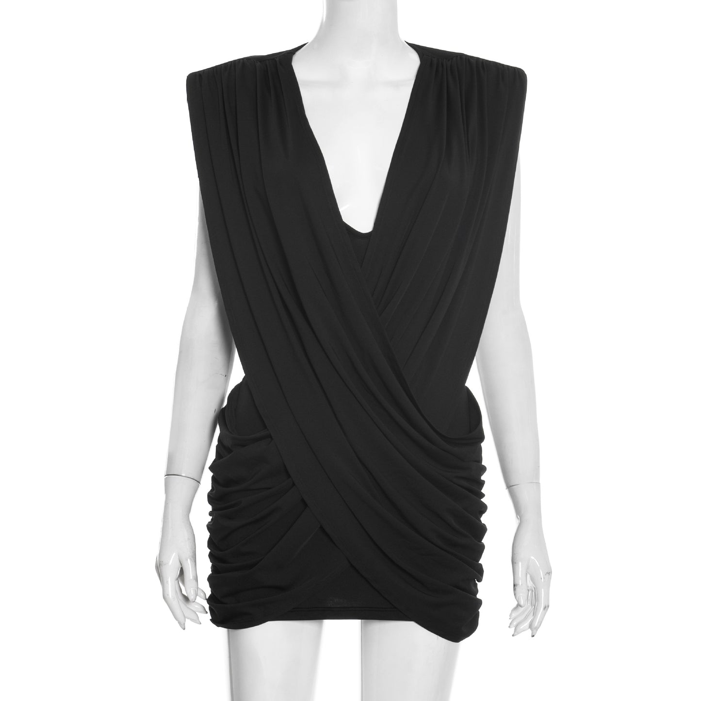 Solid-color Casual Sleeveless Deep-V Cross-pleated Slim-fit Short Dress
