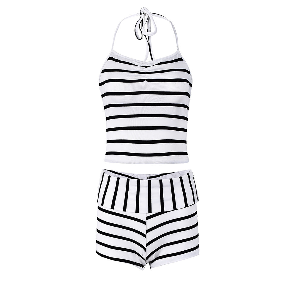 Stylish Striped Cutout Midriff-Baring Backless Bandage Wrap Top And Bottom Set
