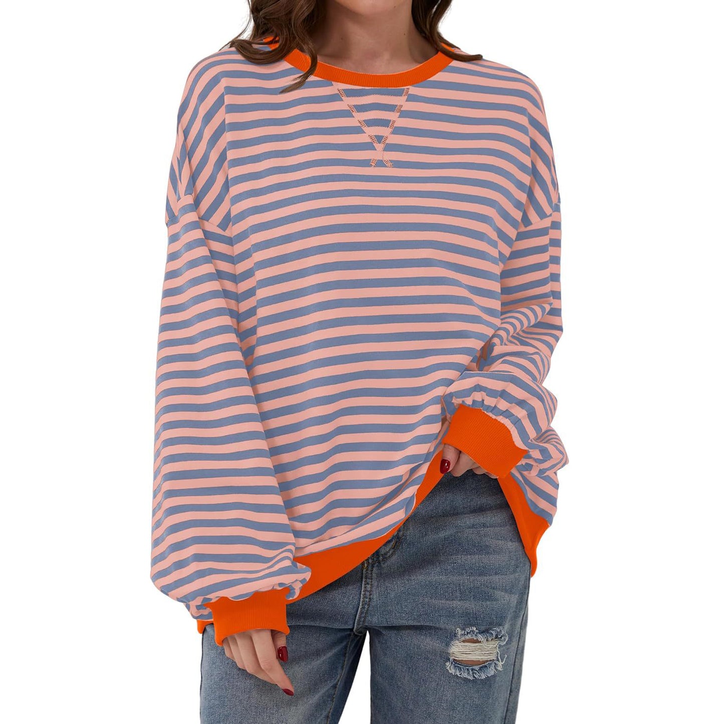 Løs stribet langærmet T-shirt afslappet pullover sweater til dametøj