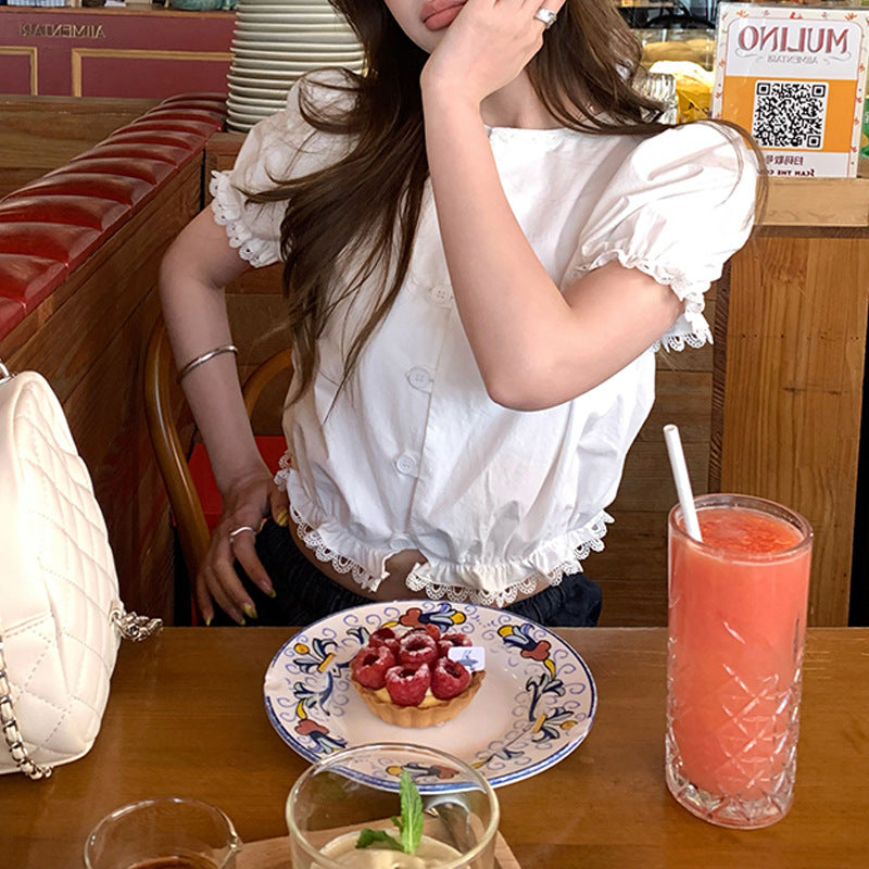 Light Lace Hollow-out Short Bud Top Short Sleeve