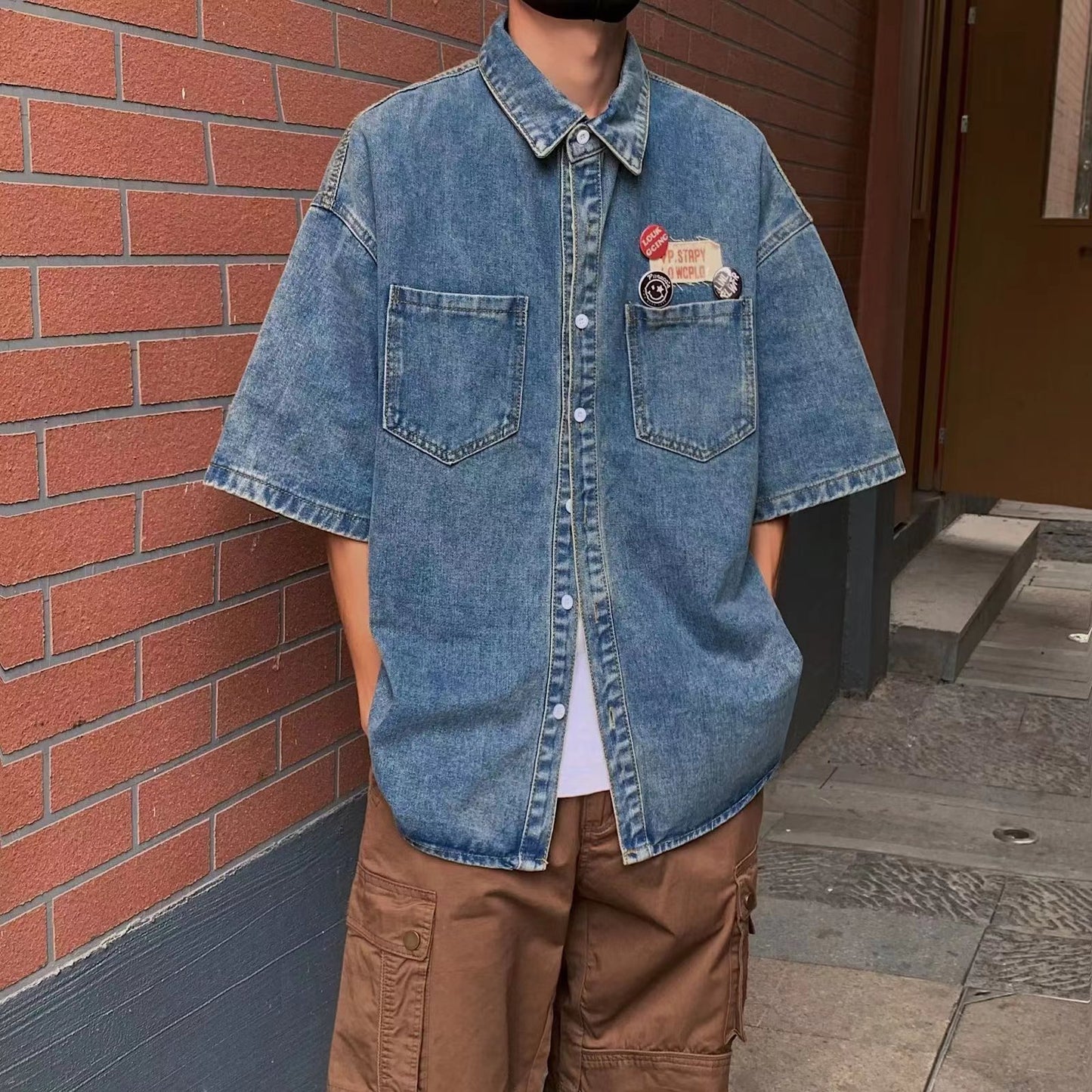 Denim Short Sleeve Lapel Youth Popularity Art Blouse