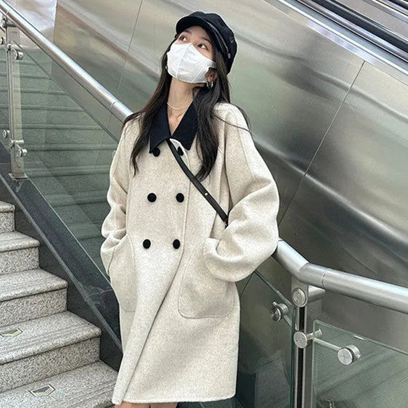 Contrast Color Lapels Dignified Sense Of Design Coat Woolen Mid-length