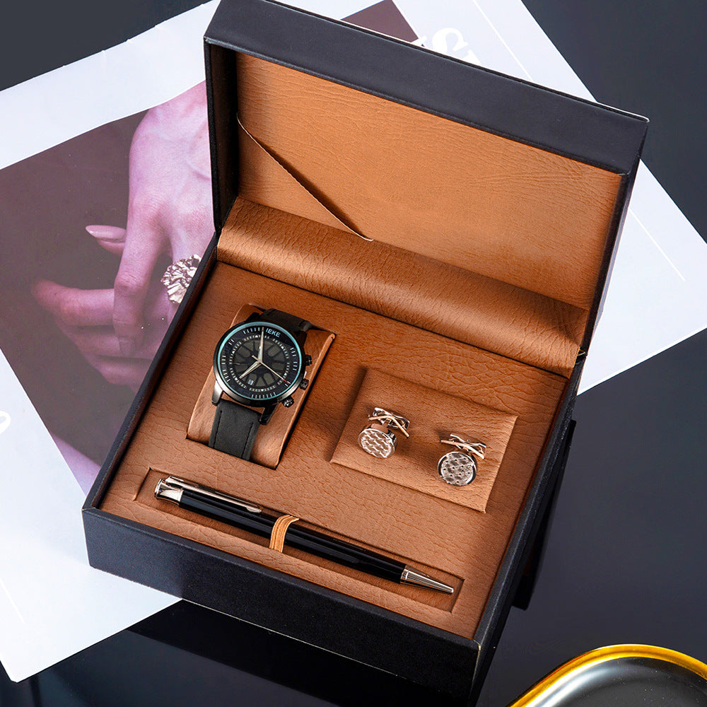Men's Watch Set Gift Box Sports Retro Calendar Quartz Watch Pen Cufflinks 3 Piece