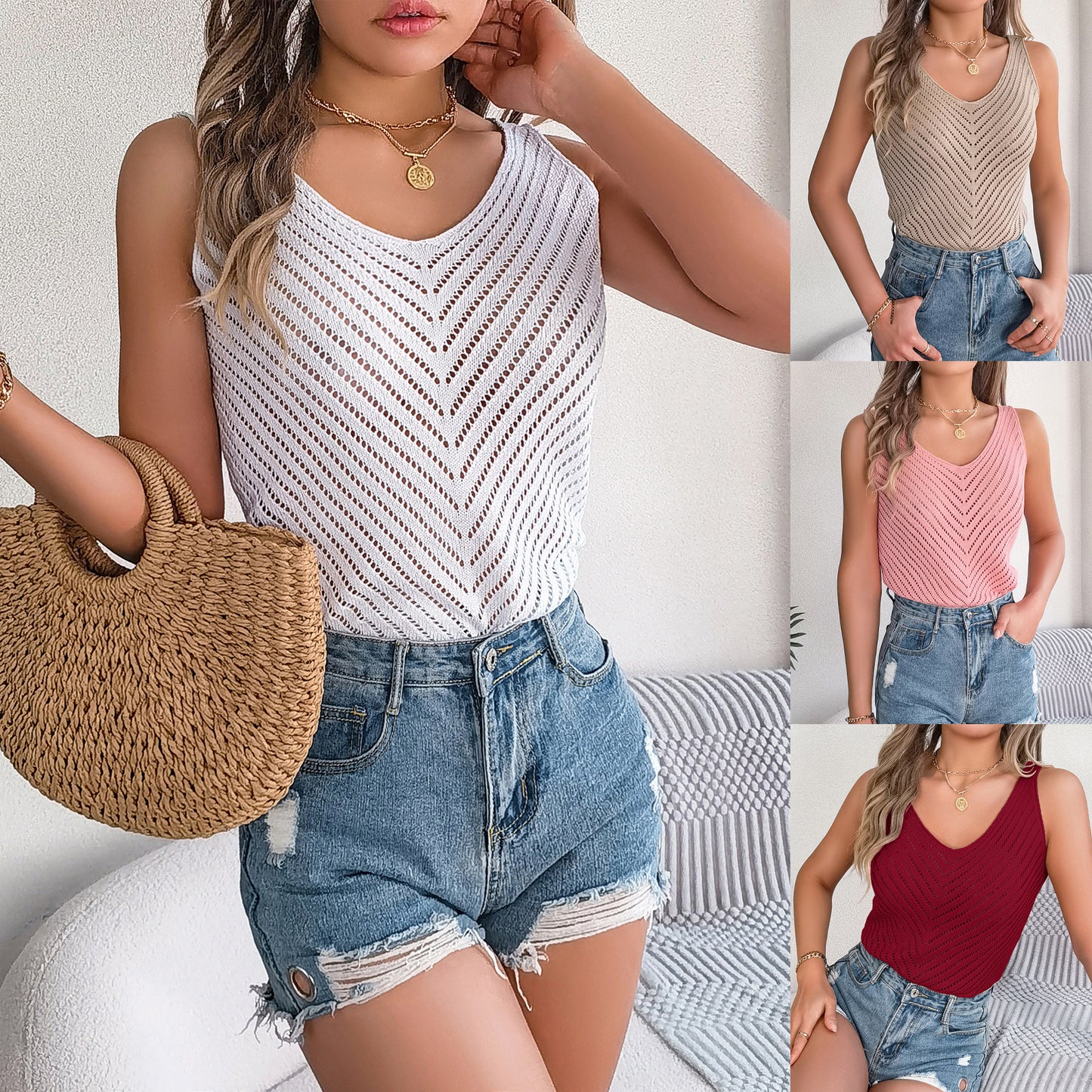 V-neck Hollow-out Sleeveless Knitwear Vacation Vest