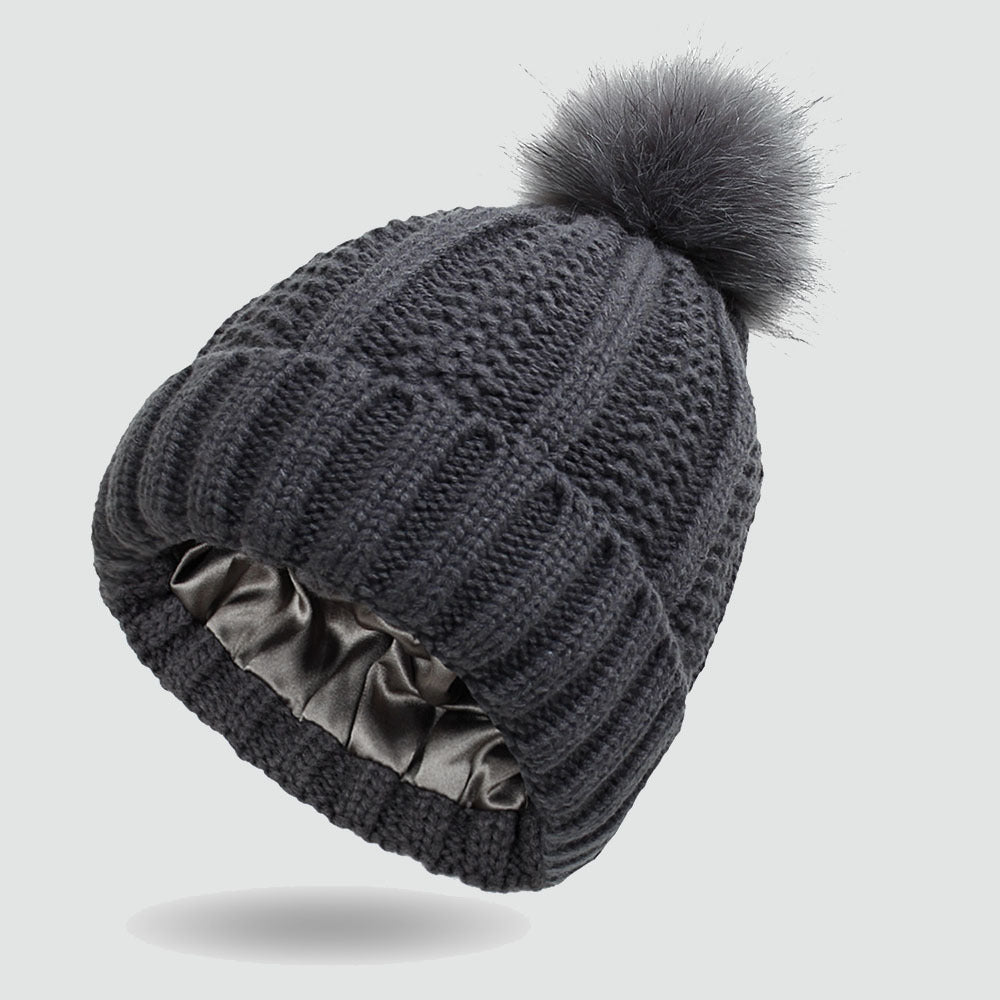 Elastic Satin Knitted Hat Loose And Warm Ladies
