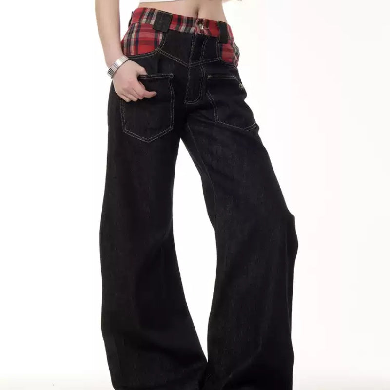 Retro Plaid Stitching Reverse Pocket Design Jeans