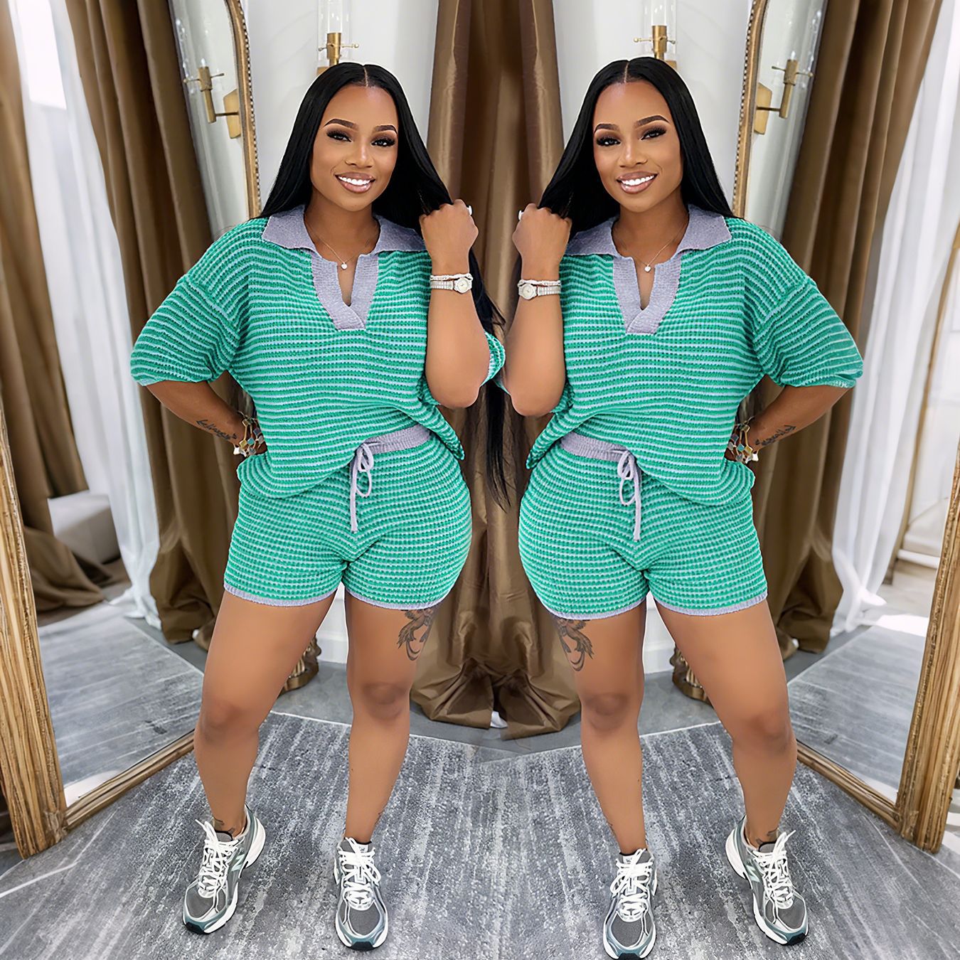 Mid-sleeve V-neck Striped Knit Top And High-waisted Shorts Set