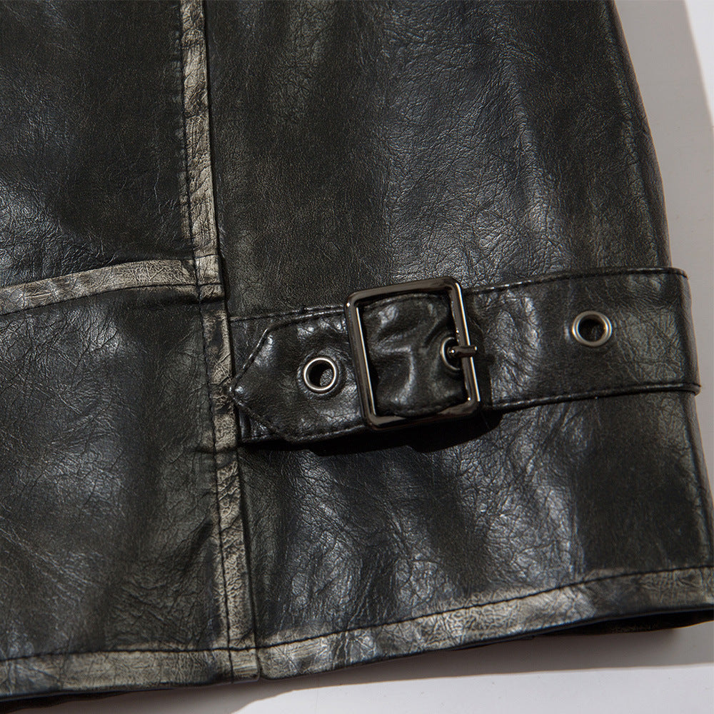American Street Niche Loose Lapel Patchwork Leather Coat