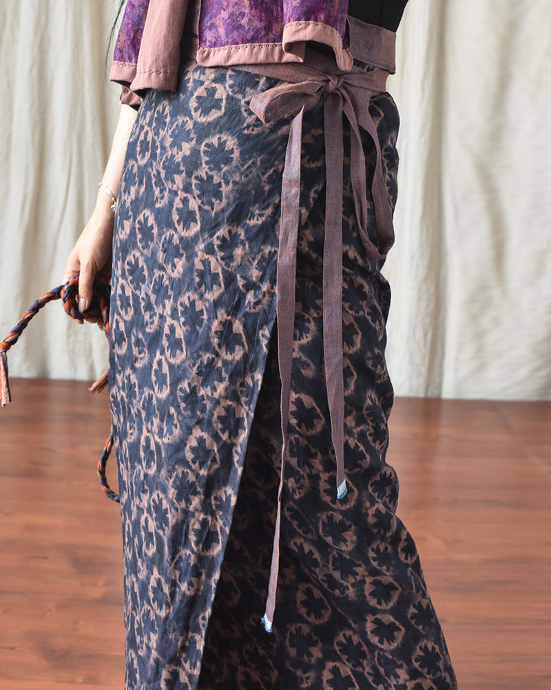 Retro High Waist Printing Crafts Linen Wrap Tie-shoulder Floral Skirt