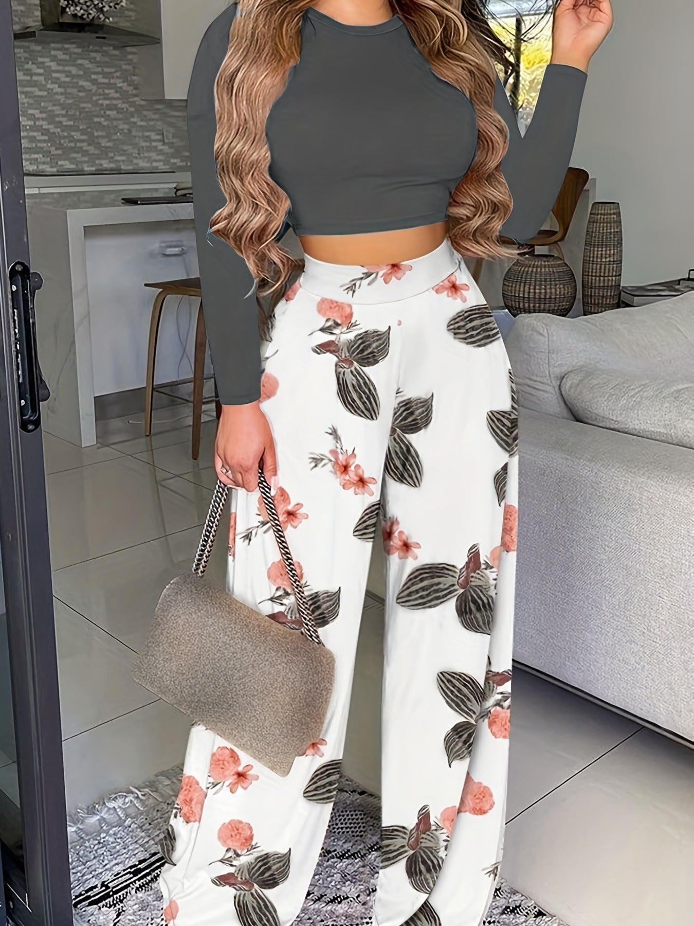 Two-piece Printed Long-sleeve Pants Set For Women