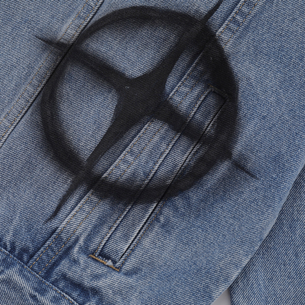 Dark Cross Graffiti Patterned Denim Jacket