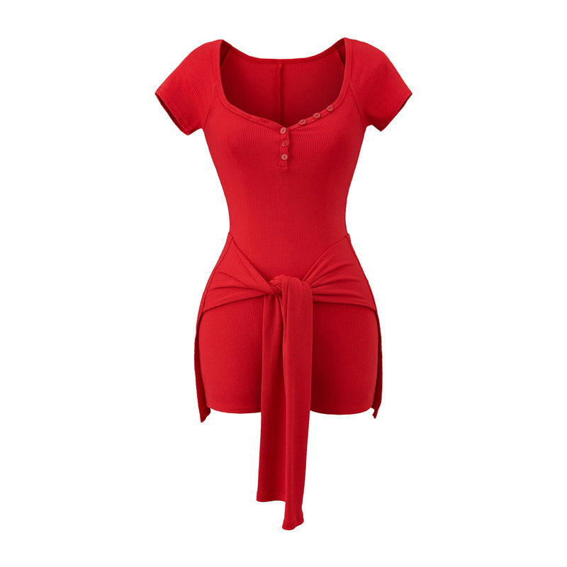European And American Style Design Sense Peach Collar Waist Tied Jumpsuit