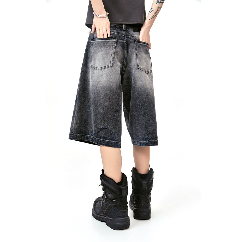 Amerikansk Retro Street Vasket Ben Hvid Kattehale Riflet Cropped Bukser
