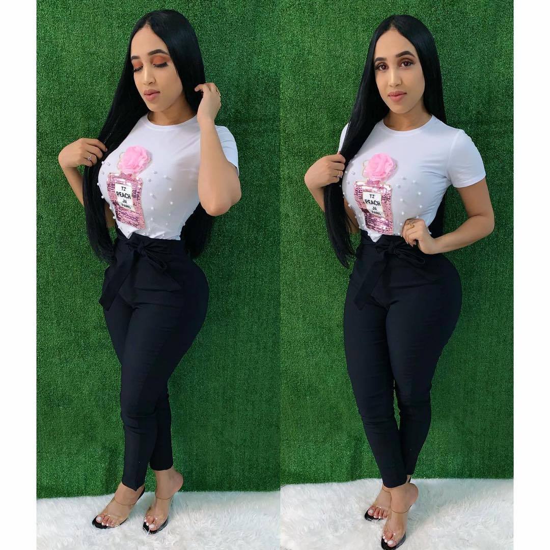 Women's Summer Pearl Sequin Applique T-Shirt Short Sleeve