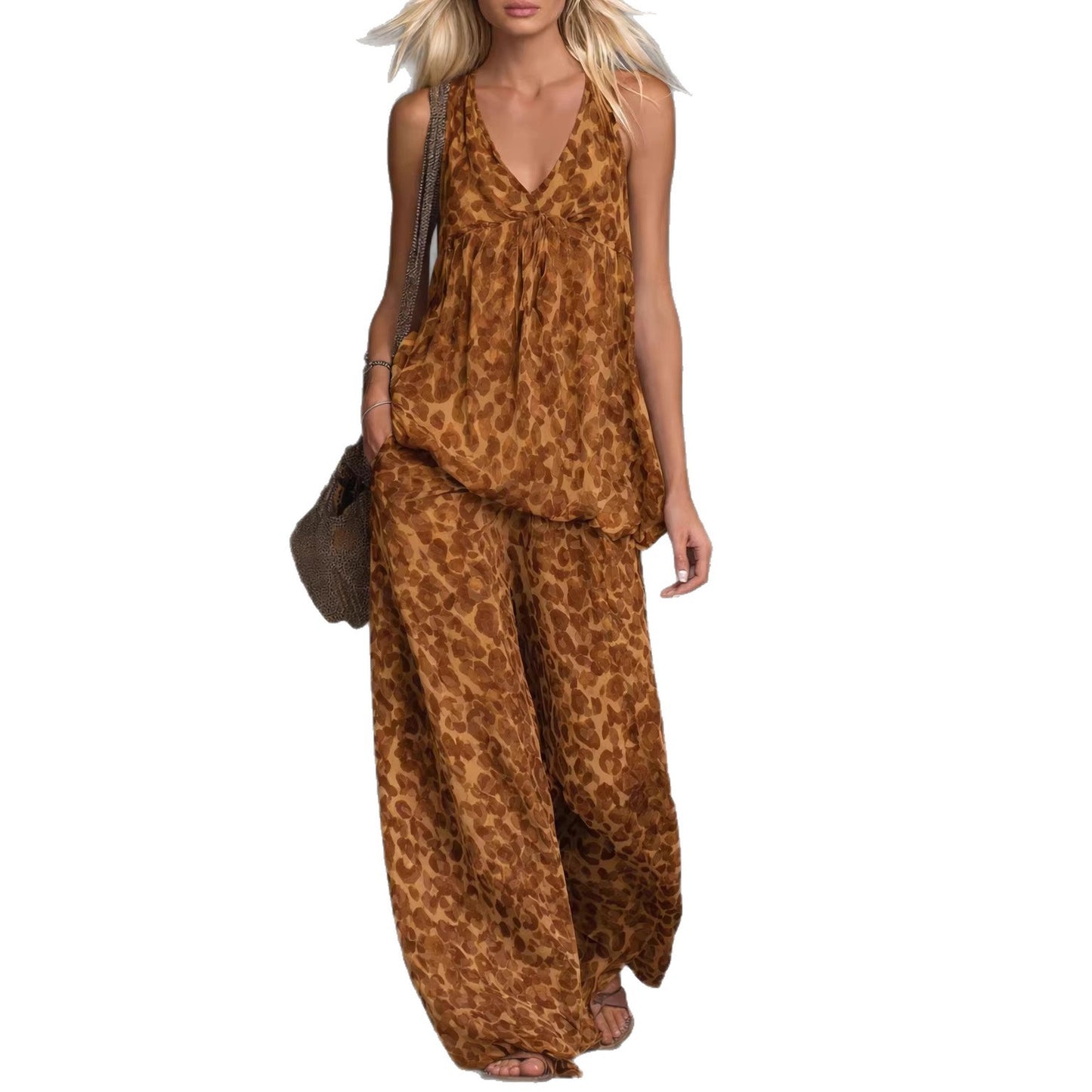 Womens Loose-Fitting Leopard-Print Sleeveless Top And Chiffon Pants Set